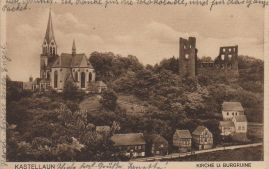 Hier geht es zur Karte mit dem Motiv 'Dicht bewachsener Burgberg mit katholischer Kirche' Hier geht es zur Karte mit dem Motiv 'Dicht bewachsener Burgberg mit katholischer Kirche'